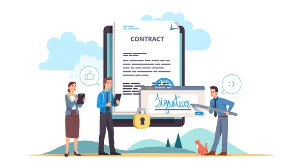 Współpracownicy biznesowi podpisujący bezpieczny kontrakt online — Wektor stockowy