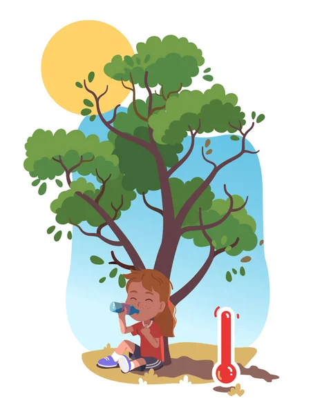 Летняя жара. Ребенок в тени деревьев питьевая вода — стоковый вектор