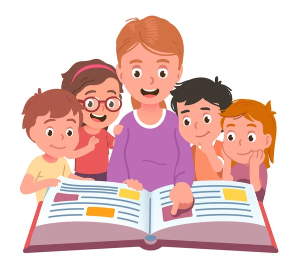 Insegnante che legge ai bambini. Scuola materna o scuola — Vettoriale Stock