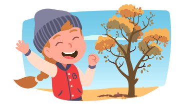 Gülen kız güneşli bir sonbahar gününde yürümekten zevk alıyor.