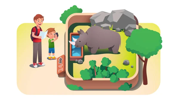 Kind und Vater machen Nashorn-Foto im Zoo — Stockvektor