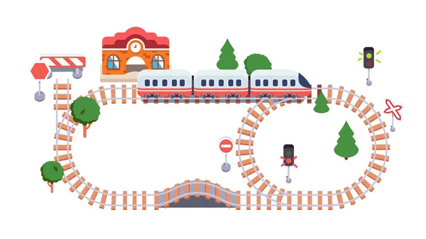 Toy railway track model, kids train locomotive — Stock Vector