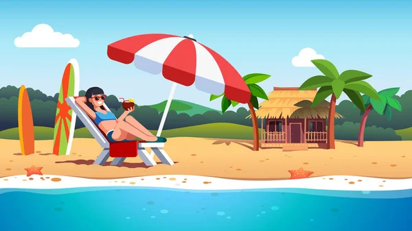 Touristin sonnt sich auf Sonnenschirm am Strand — Stockvektor