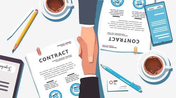 Empresários Apertando Mãos Sobre Papel Digital Assinado Contrato Carimbado Fechar Ilustração De Bancos De Imagens