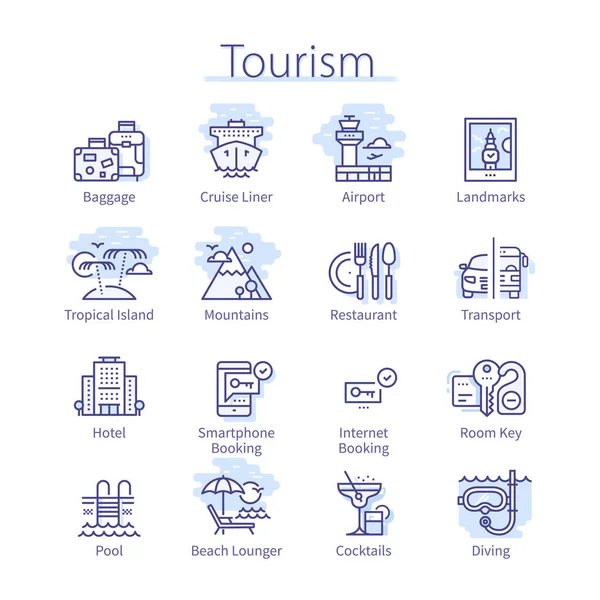Conjunto de ícones de turismo. Hotel, restaurante, mochila do aeroporto Vetores De Bancos De Imagens