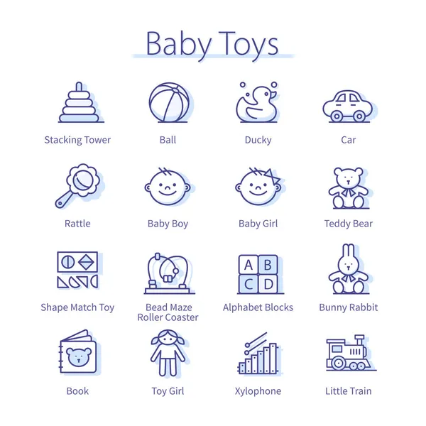 Erkek ve kız bebek oyuncakları, anaokulu çocuk oyunları — Stok Vektör