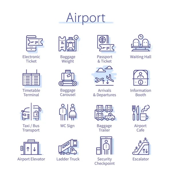 Paquet aéroport. Billet, bagage, ensemble de voyage de vol — Image vectorielle