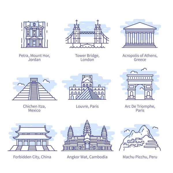 Lugares de interés mundialmente famosos. Atenas, Perú, México set — Archivo Imágenes Vectoriales