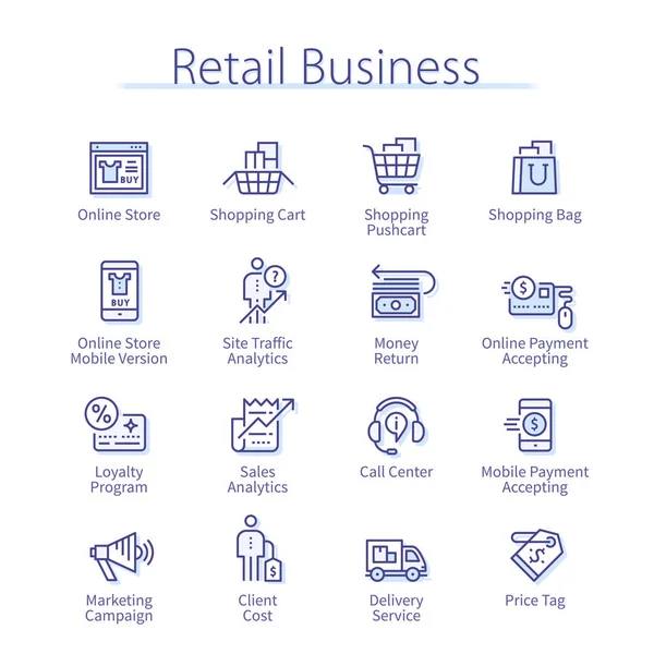 Retail business set icons. Shop sales analytics Stock Vector