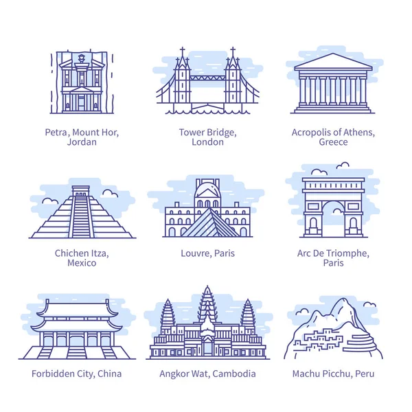 World famous landmarks. Athens, Peru, Mexico set Vector Graphics