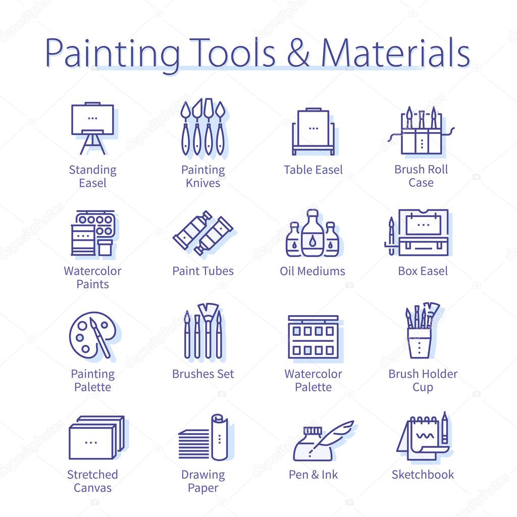 Painting tools and materials pack. Paints, easel