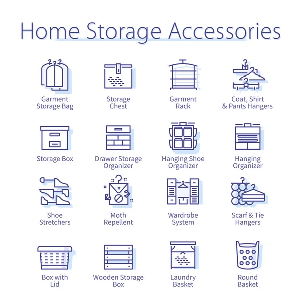 Inicio conjunto de accesorios de almacenamiento. Organizador, estante, caja — Archivo Imágenes Vectoriales