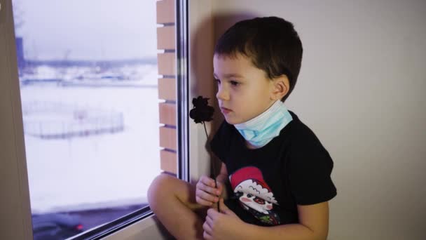 Ένα θλιμμένο παιδί με μάσκα στο παράθυρο μυρίζει ένα αποξηραμένο λουλούδι. Πλάνα Αρχείου