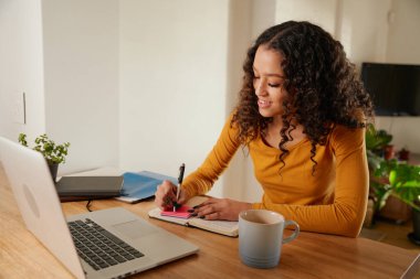 Çok kültürlü bir kadın gülümsüyor, not defterine yazıyor. Modern dairede dizüstü bilgisayarla çalışan genç profesyonel uzaktan kumanda.