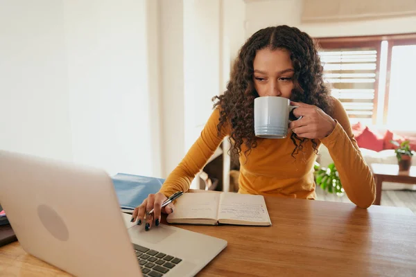 Mujer multicultural trabajando desde casa, bebiendo café. Joven profesional trabajando a distancia con el ordenador portátil en apartamento moderno — Foto de Stock