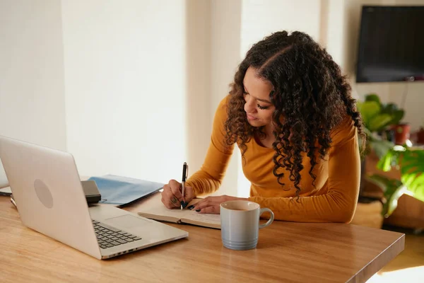 Mujer multicultural enfocada, escribiendo en cuaderno. Joven profesional trabajando a distancia con el ordenador portátil en apartamento moderno — Foto de Stock