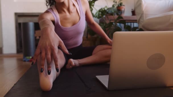Happy Multi-culturele jonge volwassen vrouw na een stretch tutorial op haar laptop thuis in haar moderne lounge — Stockvideo