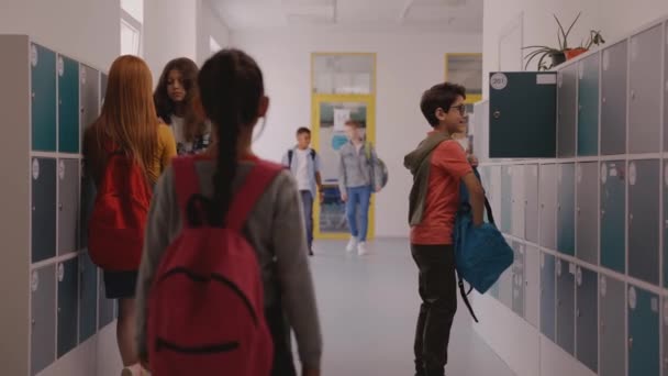 Παιδιά περπατούν στο διάδρομο του σχολείου, αγόρι κλείνει το ντουλάπι του. Τα παιδιά κάθονται μαζί — Αρχείο Βίντεο