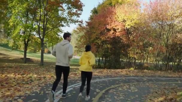 Мужчина и женщина бегут по дорожке в парке осенью, разговаривают и улыбаются — стоковое видео