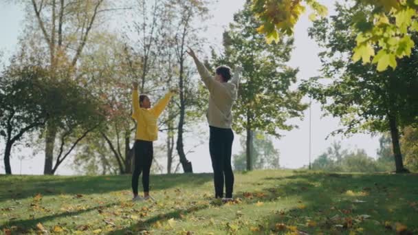 Mann und Frau trainieren und dehnen vor dem morgendlichen Lauf im Herbst im Park — Stockvideo