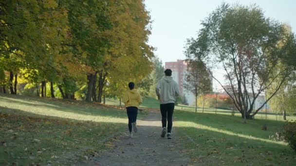 Młody mężczyzna i kobieta biegną po torze w parku w słoneczny jesienny poranek — Wideo stockowe