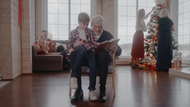 Dedem, torunuyla birlikte Noel kutlamasında sandalyeye oturmuş kitap okuyor. — Stok video