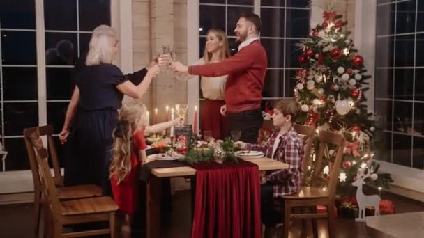 Toda la familia se levanta de la mesa para tomar un vaso en Nochebuena, sonriendo — Vídeo de stock