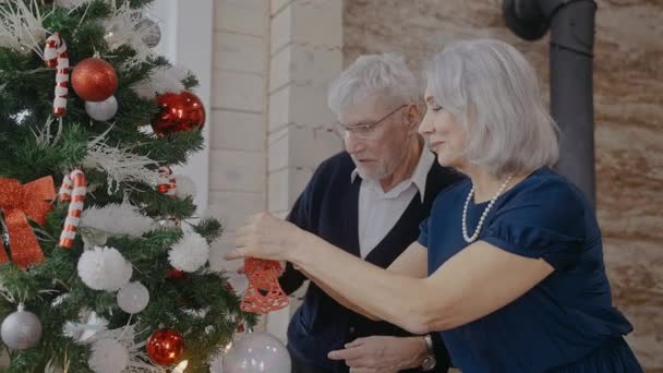 Nonni che decorano l'albero di Natale e si baciano su una guancia in casa lucente — Video Stock