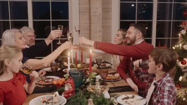 Toda la familia tomando un vaso en la mesa de comedor en Nochebuena, sonriendo — Vídeo de stock