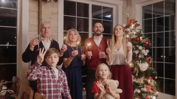 Feliz família contando até o ano novo 2022, batendo óculos e rindo — Vídeo de Stock
