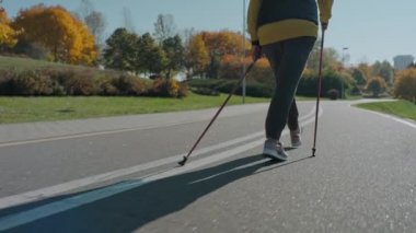 Güneşli sonbahar parkında yürürken çekilmiş kadın bacakları.