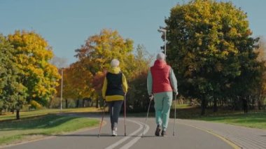 Güneşli bir günde, arka planda Nordic yürüyüşü yapan iki yaşlı kadın. 