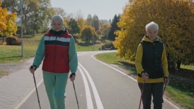 Güneşli bir günde Nordic yürüyüşü yapan iki yaşlı kadın. 