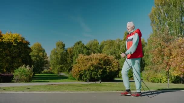 Wanita lanjut usia melakukan berjalan nordik di taman musim gugur yang cerah sendirian, pemandangan samping — Stok Video