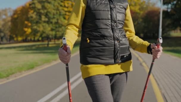 Tiro de mujer de pie hablando en el soleado parque de otoño sosteniendo bastones nórdicos — Vídeo de stock