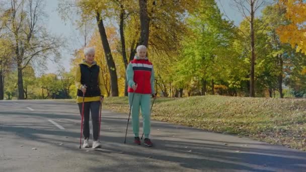 Zwei betagte Frauen beim Nordic Walking im Herbst Stadtpark an einem sonnigen Tag, Frontansicht — Stockvideo