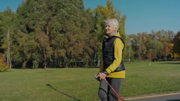 Leeftijd vrouw glimlacht doen nordic wandelen in zonnige herfst park door alleen, front view — Stockvideo