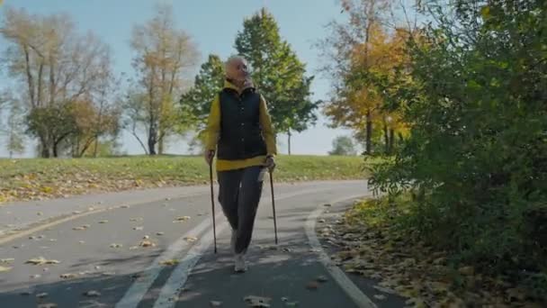 Mulher cuida de sua saúde por caminhada nórdica no parque de queda ensolarado, vista frontal — Vídeo de Stock