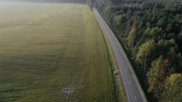 夏にフィールド近くの高速道路にロードバイクに乗るサイクリストの空中ビデオ — ストック動画