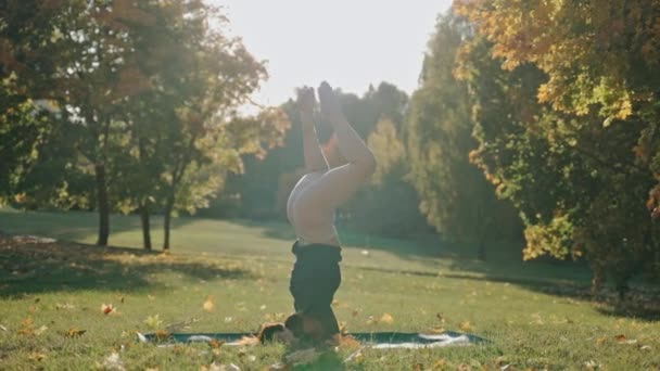 Fiatal nő gyakorló fejlábas jóga póz a városi parkban a napsütéses őszi napon — Stock videók