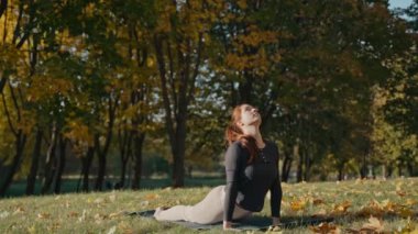 Sonbahar parkında yoga minderinde çeyrek köpek ve savaşçı pozu veren genç bir kadın.