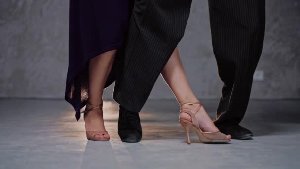 Tiro de par de bailarines piernas practicando tango elemento en estudio gris — Vídeos de Stock