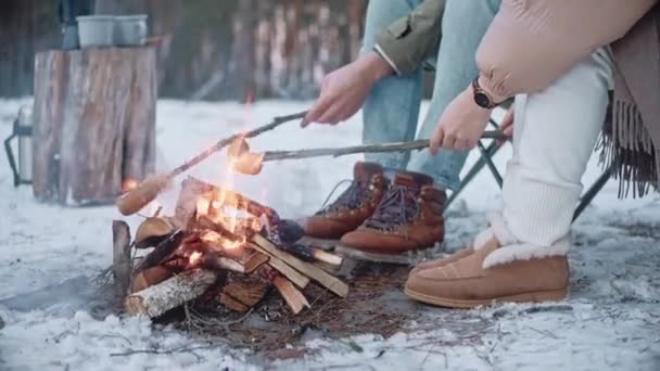 Пара готує сосиски на палицях на багатті в лісі взимку — стокове відео