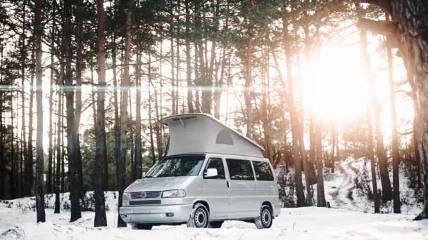 Moderne camper met pop-up dak geparkeerd in het bos op een zonnige winterdag — Stockvideo