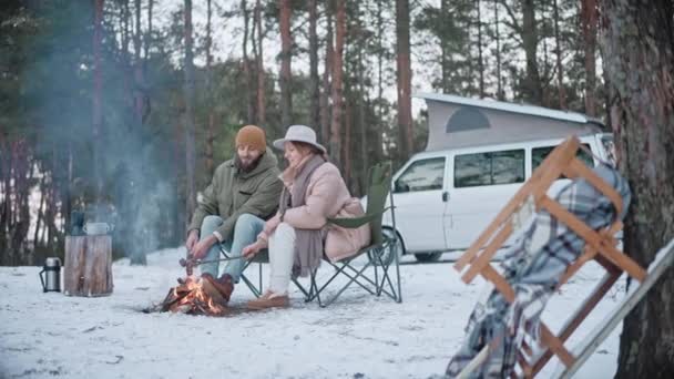 Пара готує сосиски на палицях на багатті в лісі взимку — стокове відео