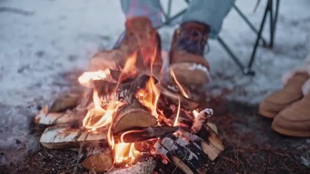 Близький знімок обсмажування ковбас на палицях під час пожежі взимку — стокове відео