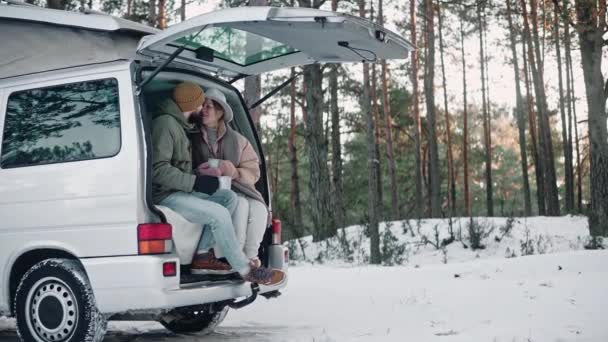Романтична пара сидить за спиною фургона в лісі в сонячний зимовий день — стокове відео