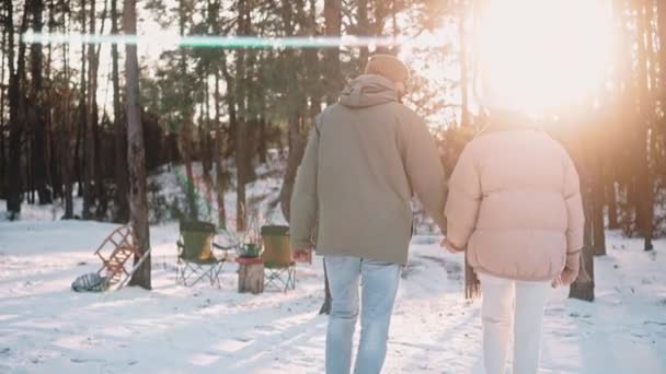 Романтична пара йде через їх дерев'яний табір тримаючи руки, насолоджуючись життям фургона — стокове відео