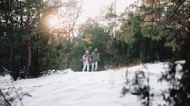 Мила пара щасливо бігає в лісі тримаючи руки взимку на заході сонця — стокове відео