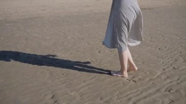 Rüzgarlı bir günde dalgalı elbiseli bir kadın okyanus sahilinde yürür. Kumsalda serin ve güneşli bir gün. Pastel renkte plajda bir kadın resmi. Yüksek kalite 4k görüntü